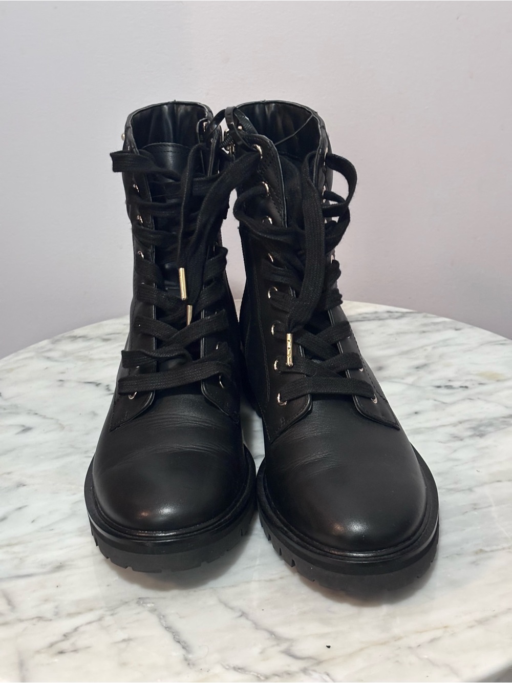 Kate Spade Billie Pearl Combat Boots Black Leather Quilted Studded Size 7.5 - Picture 4 of 7